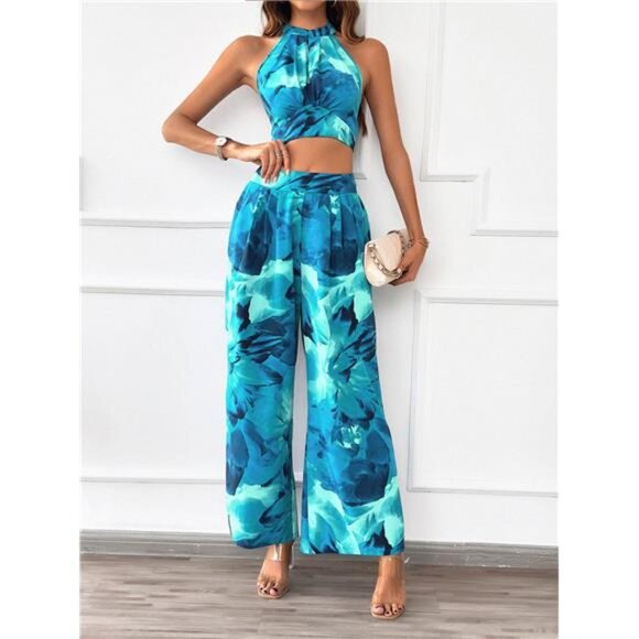 Devine Printed Halter Neck Top and Pants Set - Picture 1 of 4